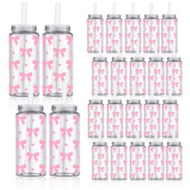 Whaline 20Pcs Coquette Pink Bow Plastic Cups with Lids and Straws Clear Bowknot Heart Party Drinking Cups Reusable Tumblers for Wedding Baby Shower Birthday Party Supplies