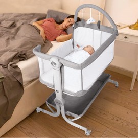 Cowiewie Baby Bassinet Bedside Sleeper with Storage Basket,Wheels & Hanging Toys, Easy Folding Portable Bassinet with Wheels Adjustable Height Portable Bassinets for Newborn(Handbag)
