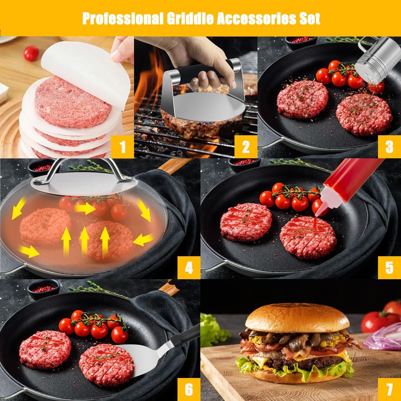 Qcdou Burger Press Kit, Smash Burger Press, 6PCS Flat Top