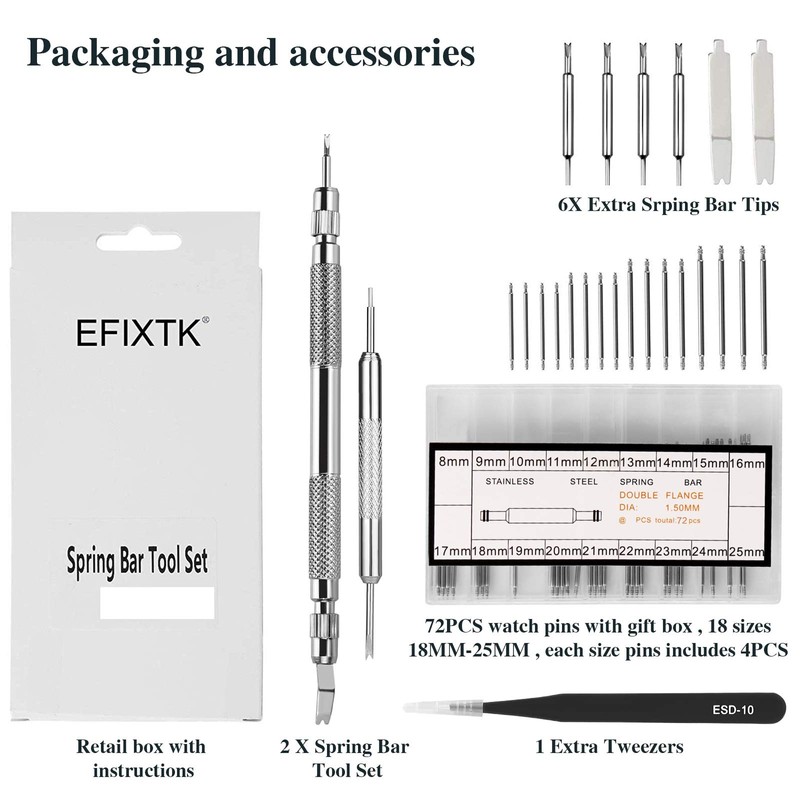 EFIXTK Spring Bar Tool Set with Extra 6 Tips Pins