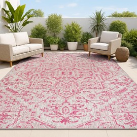 JONATHAN Y Boho Medallion Indoor Outdoor Area Rug 4X6 Light Gray/Fuchsia, Estrella Textured Weave for Backyard, Patio, Porch, Easy-Cleaning, High Traffic,