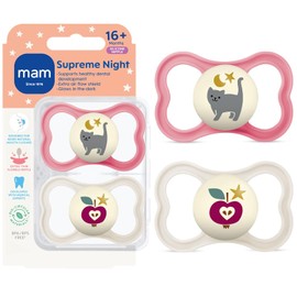 MAM Supreme Night Pacifiers (2 Pack, 1 Sterilizing Pacifier Case), Best Pacifier for Breastfed Babies 16+ Months, Glow in the Dark Pacifiers, Girl Pacifier
