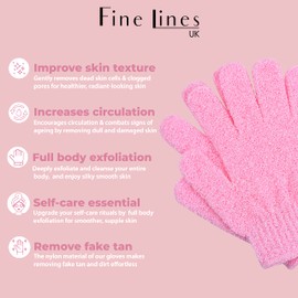 Fine Lines - Exfoliating Shower Gloves, Pink | Exfoliating Glove for Bath scrub, Dead Skin Remover | Exfoliating mitt | Body Scrub Gloves with Hanging Hoops | Protected Design