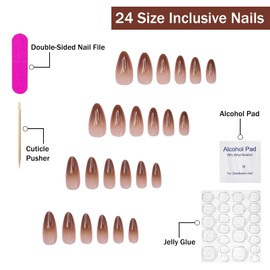 Ombre Press on Nails Medium Almond Chrome Fake Nails Brown & White False Nails Full Cover Gradient Glossy Glue on Nails Stick on Nails Acrylic Nails for Women Girls 24 Pcs