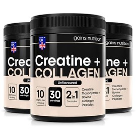 GN Creatine + Bovine Collagen Peptides Powder, Unflavoured, 5g Creatine Monohydrate and 5g Hydrolysed Collagen per Serving, Joint and Muscle Support, 3 Pack Bundle