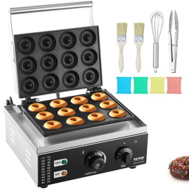 VEVOR Electric Donut Maker, 1550W Commercial Doughnut Machine with Non-stick Surface, 12 Hole Double-Sided Heating Waffle Machine Makes 12 Doughnuts, Temperature 122-572℉, for Restaurant & Home Use