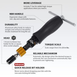 FIRSTINFO H51835 Precision Certified Torque Limited Screwdriver 5-25 in-lbs with 1/4 Inch Universal Hex Bit Holder Quick Release Design and Extra T-Handle