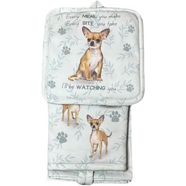 Chihuahua 3-Piece Kitchen Set - Oven Mitt, Pot Holder & Kitchen Towel Set, Heat Resistant up to 420 F, Soft Quilted Cotton for Cooking, Baking, BBQ, Pet Lover Gifts (Chihuahua tan)