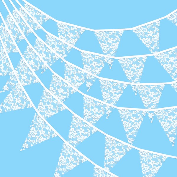 G2PLUS 10M Beautiful Lace Bunting Garland with 36 Pieces Cute Bunting Colourful Bunting for Outdoor Wedding, White