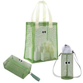 HIMKI Swimming Bag Mesh 3-Piece Sports Bag Set, Gym Bag with Cosmetic Bag and Water Bottle Pocket for Sports, Breathable Beach Bag, Large Capacity for Swimming, Sports, Beach (Green)