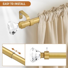 Knobelite Gold 1 Pack Window Treatment Single Curtain Rods, Adjustable Curtain Rod from 48 to 86 Inches with Crystal Finial Finials(4-7.2ft), 1-Inch Curtain Rods for Windows