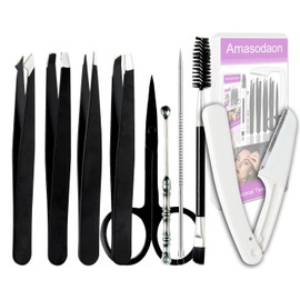 Amasodaon Tweezers Set [9+1 PCS] - Professional Stainless Steel Tweezers for Eyebrows – High-Precision Beauty Tools for Eyebrows, Facial Hair, Splinter & Ingrown Hair Removal