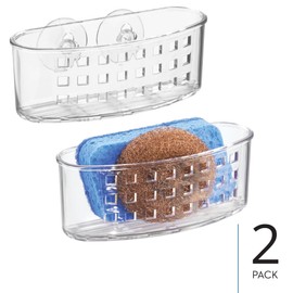 iDesign Plastic Suction Sponge Holder for Kitchen Sink, Holds Sponges and Scrubbers, Set of 2, Clear