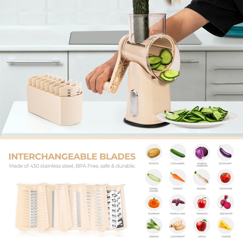 SUSTEAS Rotary Cheese Grater with Handle - Vegetable Shredder with