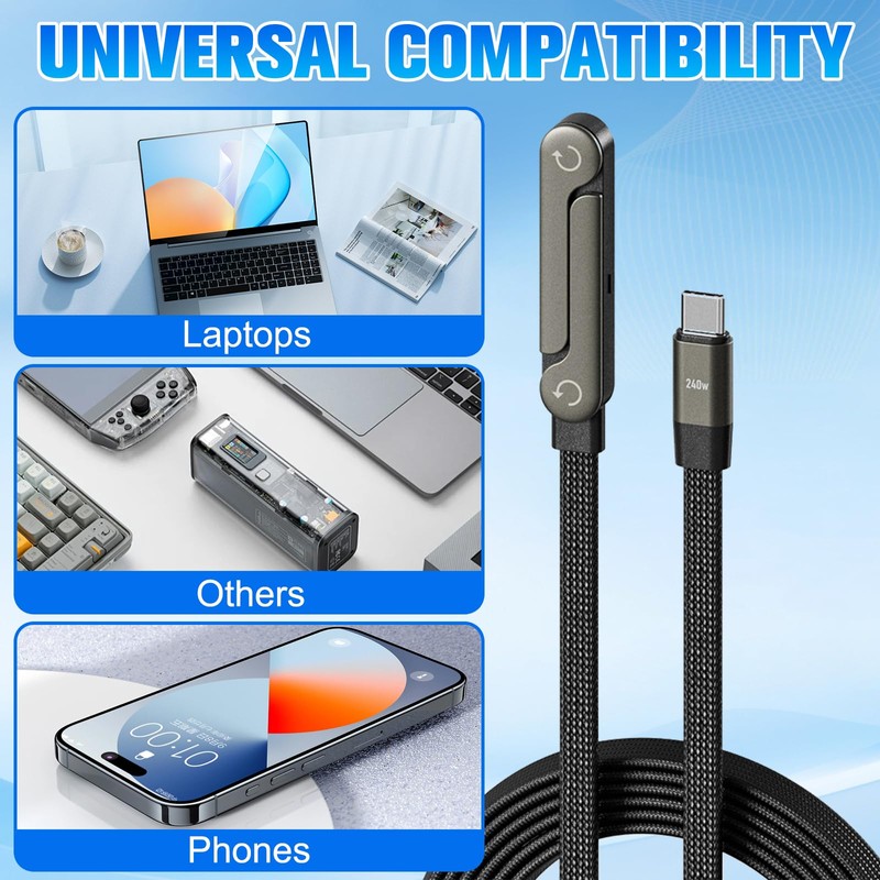 Sideways Phone Charger, 240W Fast Charging Cable, Invisible Stand Charging