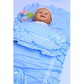 Elegant Broderie Anglaise Footmuff Cosy Toes Liner for Pram and Pushchair - Cream with Red Ribbions, Perfect for Baby Carriers Strollers - Essential Travel Accessory Blue (Blue)