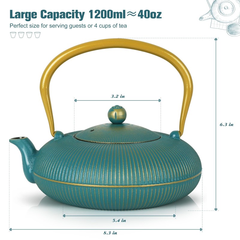Jotsport Green Cast Iron Teapot Large Capacity 40oz/1200ml with Infuser