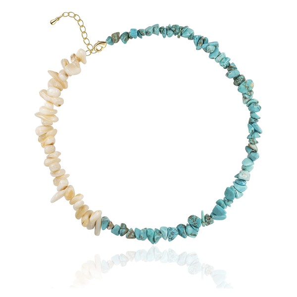 Cowlyn Turquoise Choker Necklace Irregular Link White Shell Beaded Short