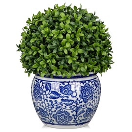 DILATATA Artificial Topiary Boxwood Ball in Blue and White Ceramic Pot, 10 Inch Artificial Boxwood in Planters Decorative Fake Greenery for Table Centerpiece Indoor Plant Home Decor - Medium