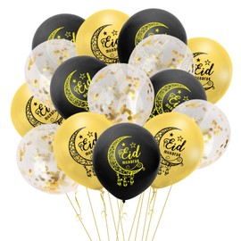 15Pcs Eid Mubarak Balloons, Eid Mubarak Decorations, Gold Black Confetti Latex Balloons, Eid Balloons for Islam Muslim Holiday Indoor Outdoor Party Supplies