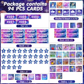 Fulmoon Galaxy Calendar Pocket Chart Set Space Classroom Decoration Calendar Bulletin Board with Pocket Chart Seasons Festival Weather Calendar Pocket Chart for Back to School Classroom Supplies