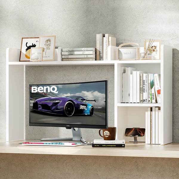HUATOL Desktop Bookshelf, Countertop Storage Hutch for Computer Desk, Desktop
