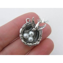 Fashion Jewelry BIRD NEST PEARL white EGGS SILVER  pendant 18" necklace women MOM FREE gift box