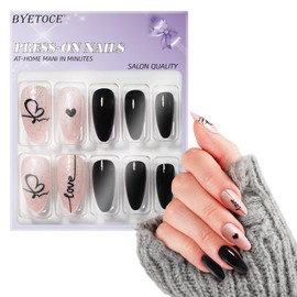 Valentines Nails Press on Nails Medium Almond Heart Fake Nails 24Pcs Glitter Design Valentines Day Nails with Glue Valentines Black Heart Full Cover False Nails for Women and Girls DIY Manicure