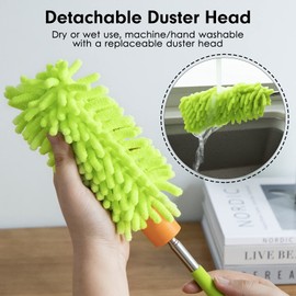 TUKUOS Microfiber Duster for Cleaning, Tukuos Hand Washable Dusters with 2pcs Replace Microfiber Head, Extendable Pole, Detachable Cleaning Brush Tool for Office, Car, Window, Furniture, Ceiling Fan Green