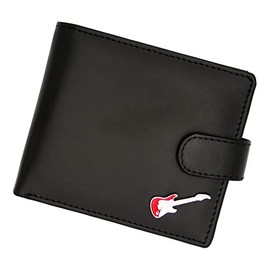 Genuine Black Leather Wallet with a Red Electric Guitar Music Emblem