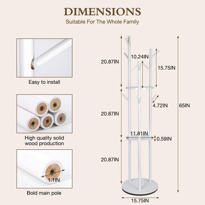 Fengzhizhu Solid Wood Coat Rack with 3 Shelves and 9