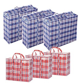 Set of 6 Large & Jumbo Plastic Checkered Laundry Bags with Zipper and Handles for Travel, Laundry, Shopping, Storage, Moving,Size:(27"x23"x5.5") and (19"x19"x4") - Color may vary