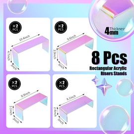 Handmake Iridescent Risers Display Stands, 8 Pack Durable Acrylic Product Shelf Riser for Retail, Colorful Rectangle Showcase Stand for Vendor Display Perfume Jewelry Purses Clutch Figure Collectible