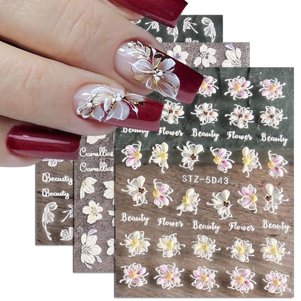 Flower Nail Art Stickers Acrylic 5D Hollow Exquisite Pattern Nail Decals Nails Art Supplies Gradient Pink White Floral Lace Manicure Nail Art Decoration Self-Adhesive Nails for Women Girls(4 Sheets)