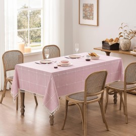 ZeeMart Boho Grid Table Cloth with Tassels (Pink, 60" x 104"), Heavy Weight Linen Checked Embroidered Farmhouse Tablecloth, Water Resistant Rectangle Pink Tablecloths