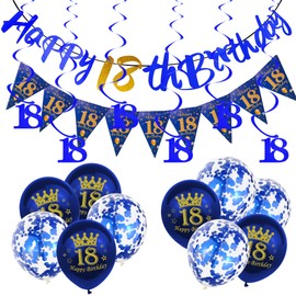 18Pcs Navy Blue 18th Birthday Decorations for Him,Men,18th Birthday Banner Triangle Flag Bunting Navy Blue Foil 18 Hanging Swirls,18th Birthday Balloons for Men Him Birthday Party Decoration Pack