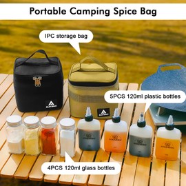 Tyasoleil Camping Portable Spice Carry Bag, 9 Spice Containers Pepper & Salt Spice Shakers, for Outdoor Travel Camping BBQ Picnic, 2 Funnels, 2 Spoons (Khaki)