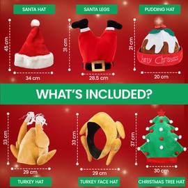 Novelty Christmas Hats Pack - Contains Santa Hats, Christmas Turkey Hat Adult, Christmas Pudding Hat Adult, Christmas Tree Hat - Christmas Accessories to Wear as Christmas Novelty Hats for Adults (6)