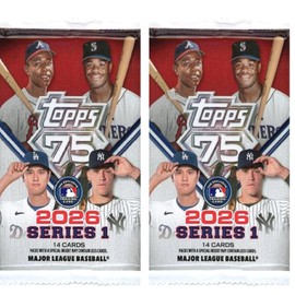 2PACK - 2026 Topps Series 1 Baseball Exclusive Factory Sealed MEGA Foil Pack with (14) Mint Cards! Celebrate Topps 75th Anniversary!