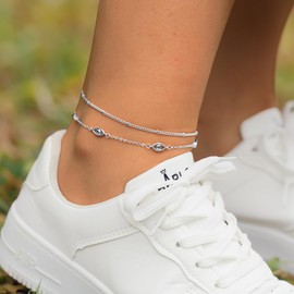 JANDY SHINE Evil Eye Anklets for Women Silver Ankle Bracelets Waterproof Beaded Chain Dainty Layered Summer Beach Foot Jewelry Adjustable 2Pcs