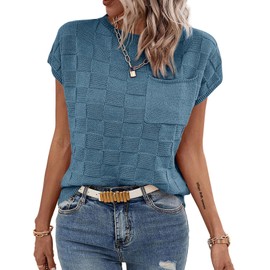 Imily Bela Womens Cap Sleeve Sweater Sleeveless Crewneck Checkered Casual Loose Fit Knit Shirts Pullover Tops Blue