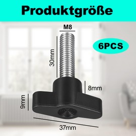 Pack of 6 Wing Screws M8 x 30 mm Stainless Steel - T-Handle Thumb Screw with Plastic Knob - M8 Threaded Screw with Fine Thread 1.25 mm - Rustproof & Easy Grip - for Workbench, Furniture, Mechanical