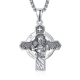 KINGWHYTE Cross Necklace 952 Sterling Silver Saint joseph Pendant Medal Necklace Religious Jewellery Gifts for Women Men, with Stainless Steel Chain(55cm)
