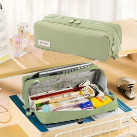 Pencil Case Large Capacity Pencil Pouches Bag with Large Extendable Compartments, Double Zipper Pencil Pouch Organizer Bag School Office Aesthetic Supplies for Girls Boys Adults (Green)