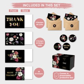 48-Pack Assorted Floral Greeting Cards with Envelopes - 4x6 Inches, Elegant Designs with Gold Foil Detailing - Ideal for Occasions: Birthday, Thank You, and More! Includes Matching Envelope Seals