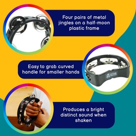 A-Star Small Half Moon Plastic Cutaway Design Tambourine, 4 Single Metal Jingle Bells - Black