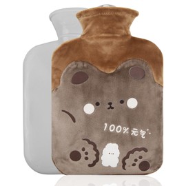 Hot Water Bottle, 1L hot Water Bottle with Removable Soft Plush Cover, Natural Rubber Leakproof hot Water Bottles with Cute Rabbit and Brown Bear Pattern for Relieve Body Pain Provide Warm (Brown)