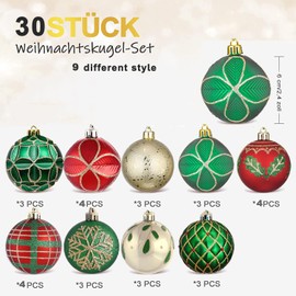 30 Pcs Christmas Ball Ornaments,60mm 10 Styles Red Gold Green Hand-Painted Ornament Bulk for Christmas Tree,Classic Hanging Christmas Tree Ornaments for Xmas Tree Decor