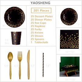 YAOSHENG 201 Black and Gold Party Supplies, Golden Dot Disposable Party Dinnerware - Black Paper Plates Napkins Cups, Gold Plastic Forks Knives Spoons for Graduation, Birthday, Cocktail Party.（Black）