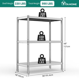 YITAHOME Stainless Steel Shelves Unit 36x18x48in Adjustable Storage Standing Shelf, NSF Heavy Duty Shelving 3 Tier for Kitchen Garage Office Restaurant Warehouse
